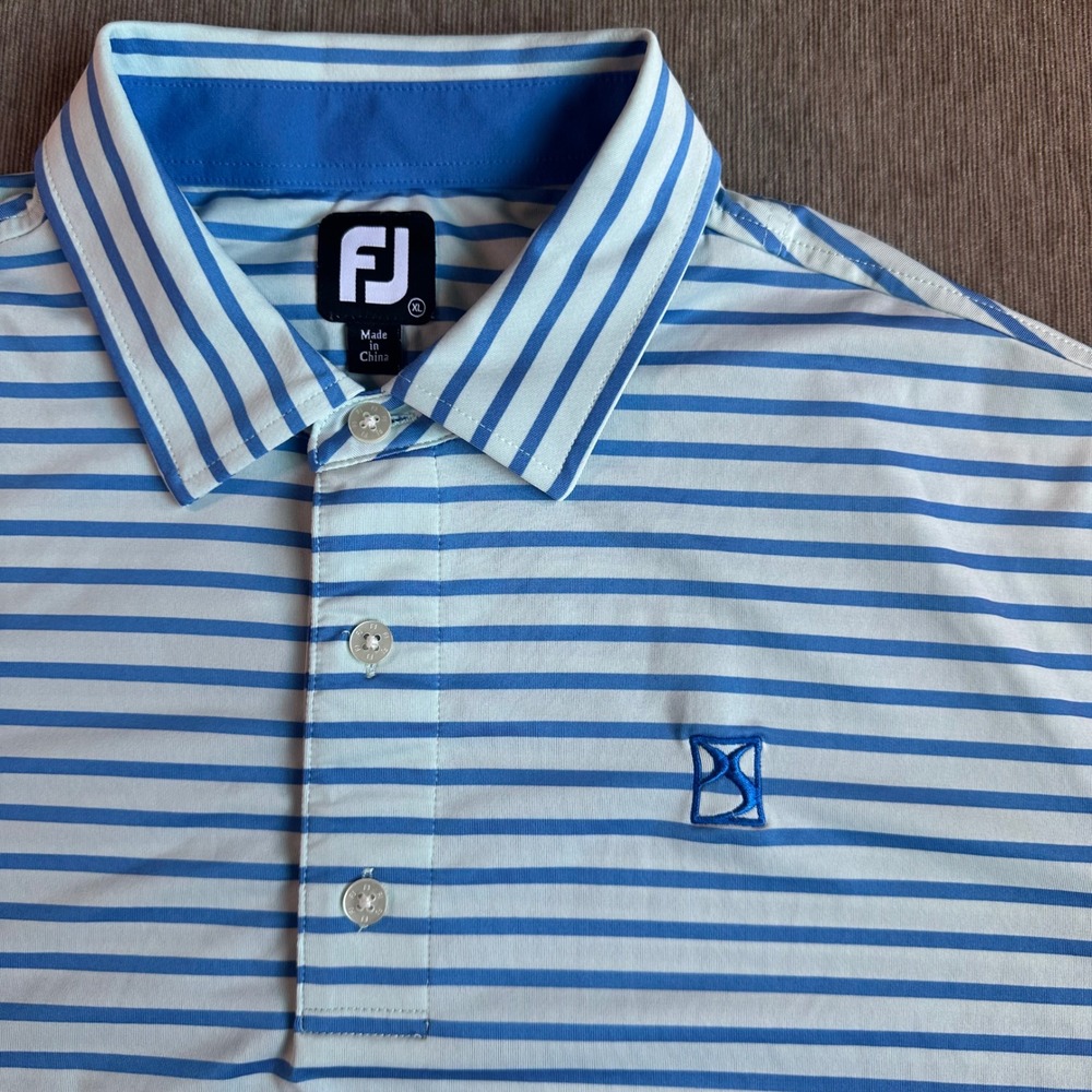 FootJoy Mens XL Golf Polo Shirt Blue White Striped Performance Short Sleeve - Picture 2 of 9